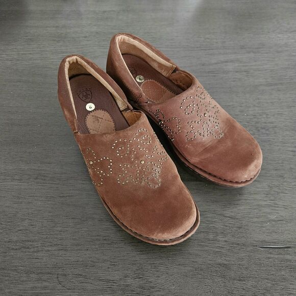 Ariat Shoes - Ariat Strathmore Clogs Brown Nubuck Leather Floral Studded Mule Women's 9